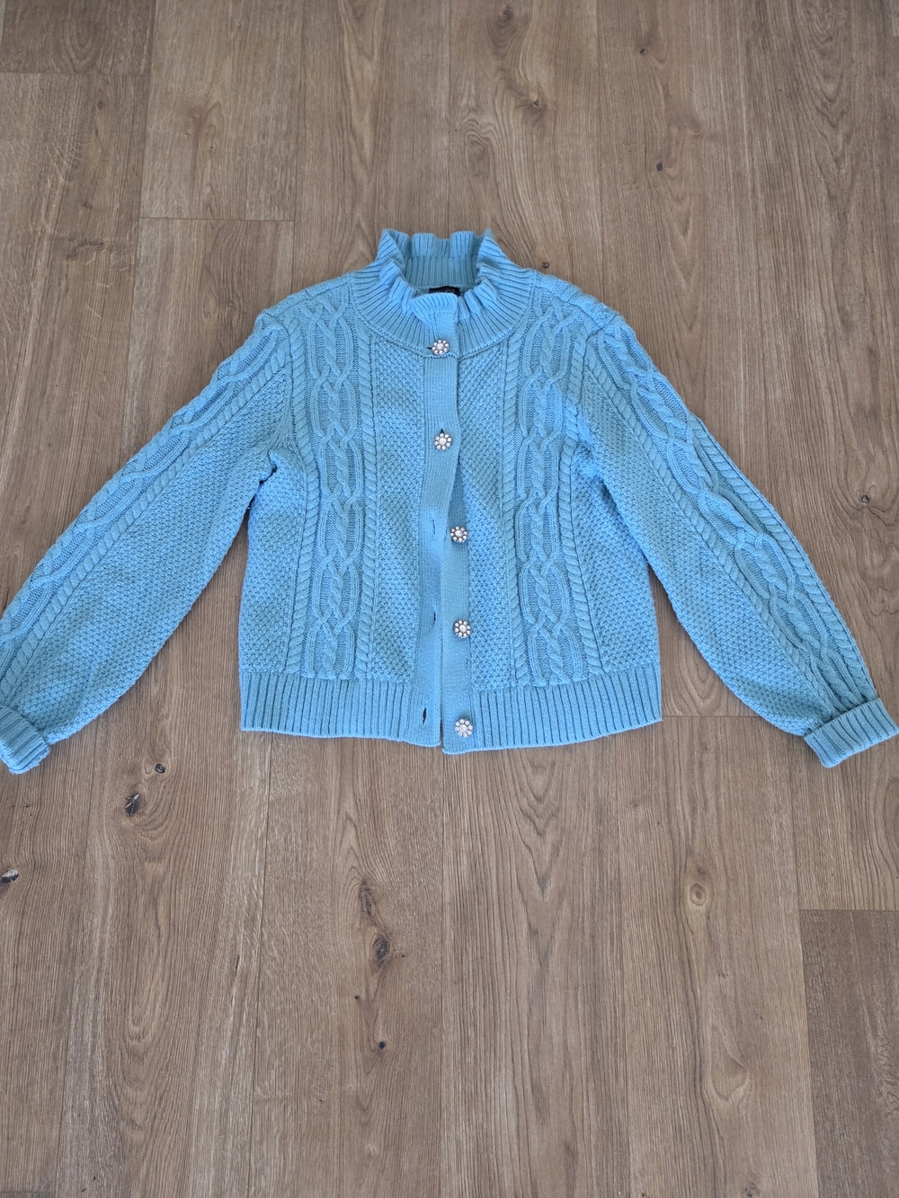 Talbots Aqua Cable-Knit Crystal-Button Cardigan